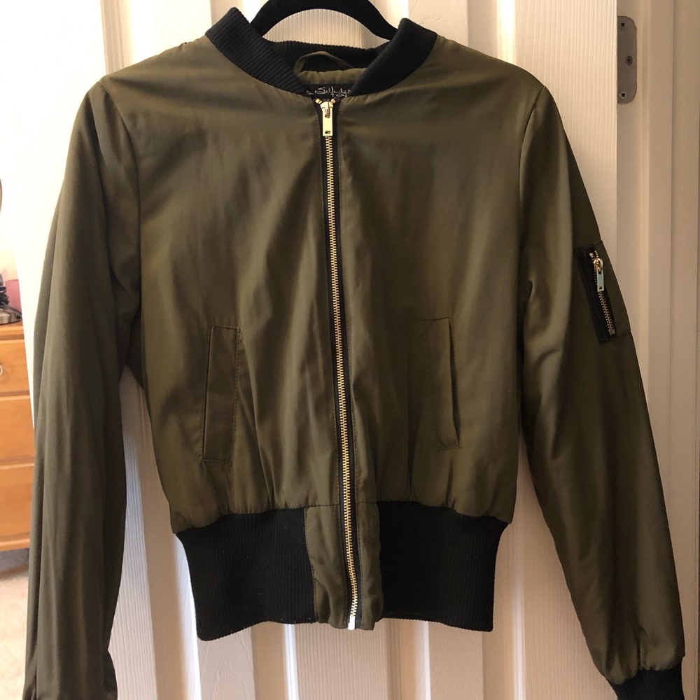 olive green bomber jacket w gold zipper